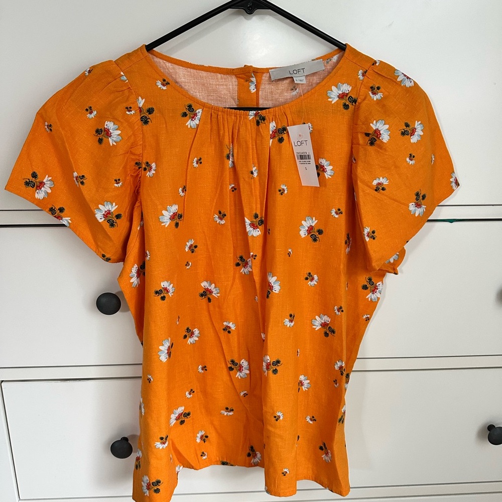 LOFT Orange Flutter Sleeve Blouse with Pleated Details